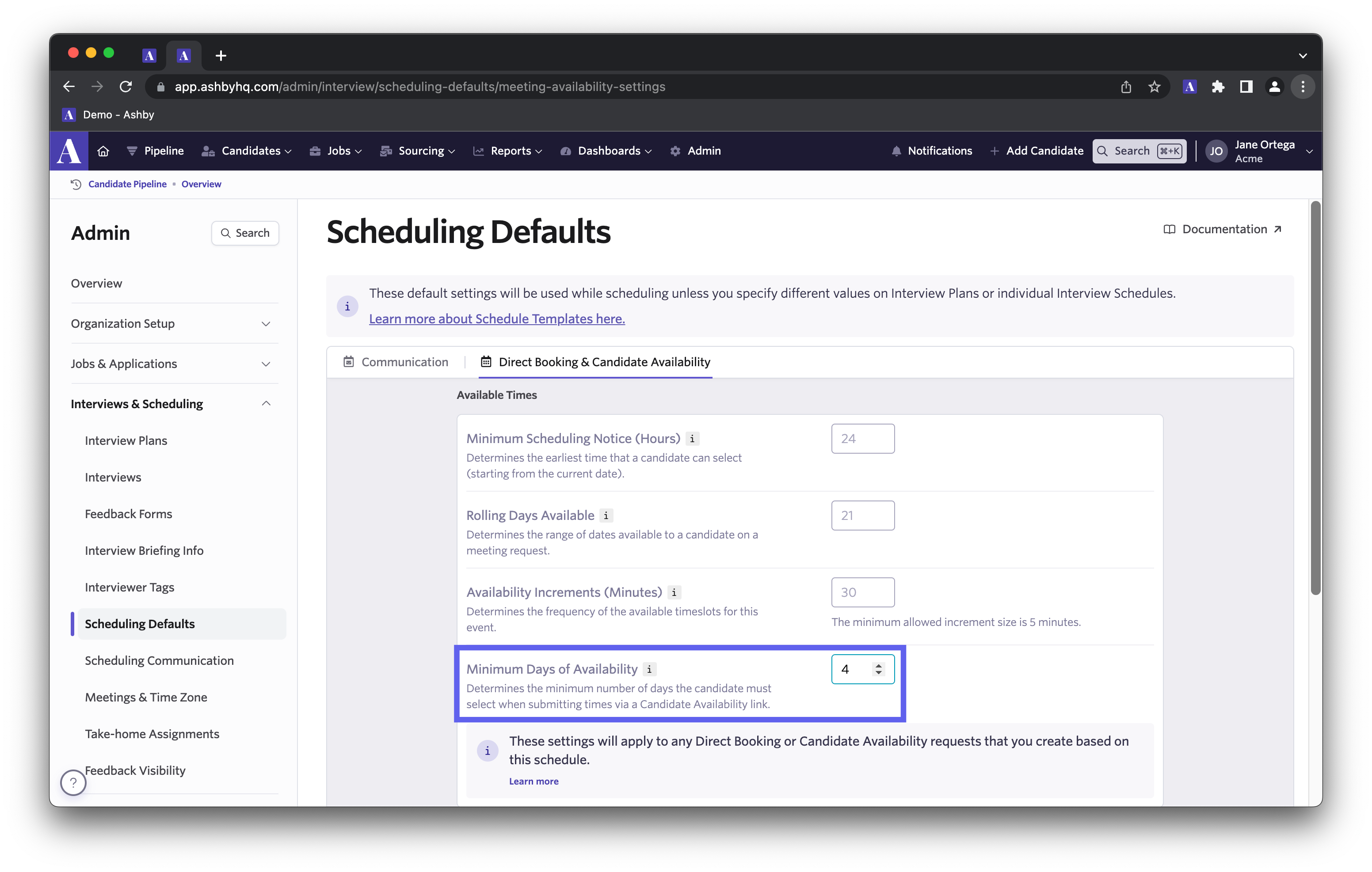 min days of availability setting